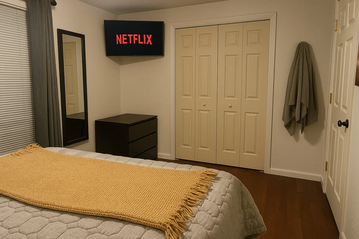 A comfortable bedroom setting with a bed covered in a yellow blanket, a TV mounted on the wall, a mirror, and a dresser. The ambiance is perfect for movie nights or quiet evenings spent in, offering a cozy retreat after exploring downtown.
