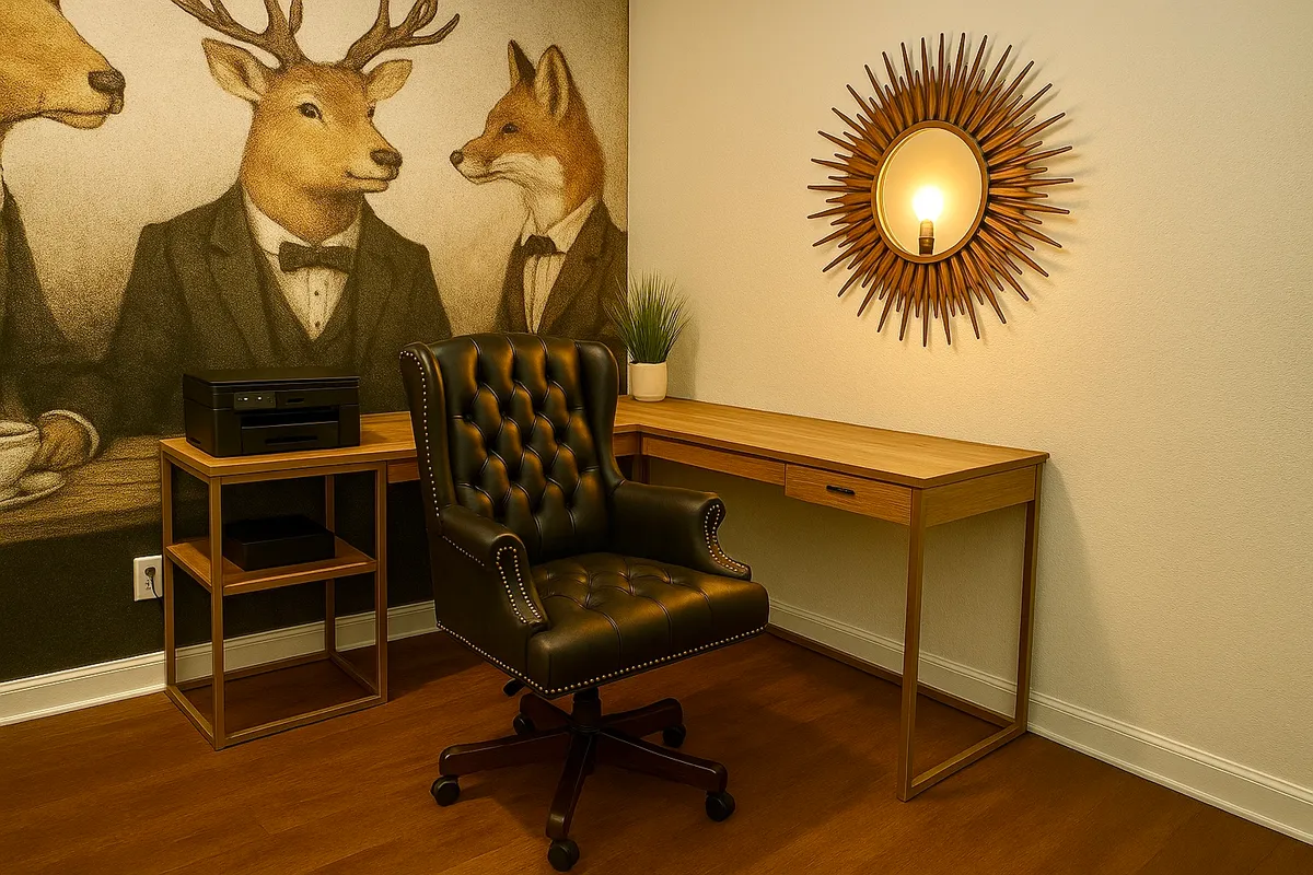 This image features a dedicated workspace with an elegant desk, a stylish leather chair, and whimsical wall art depicting a deer and fox in tuxedos. The overall styling blends playful creativity with professionalism. A sunburst mirror completes the space, and the lighting feels bright and focused, creating an atmosphere ideal for productivity.