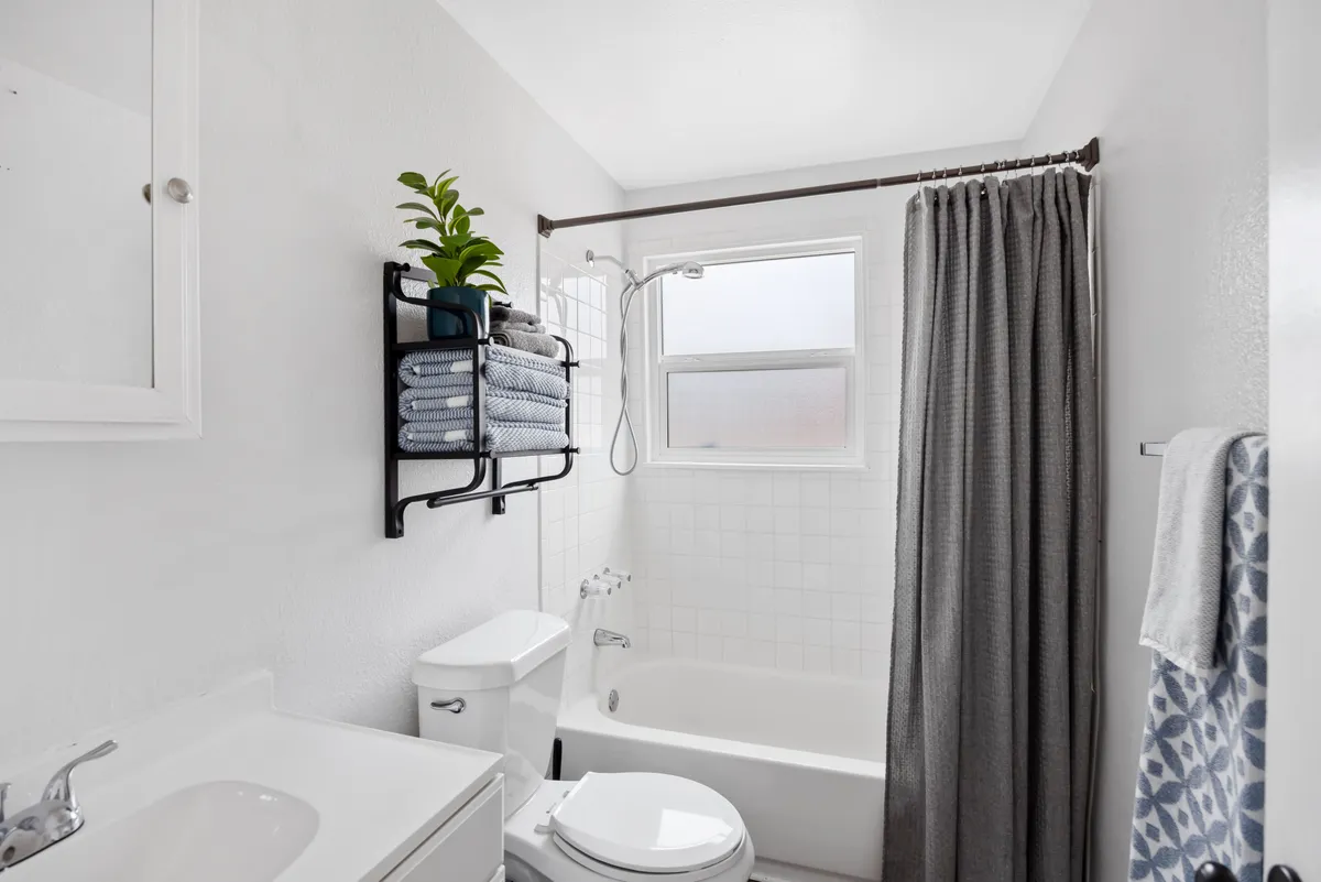 A calm and serene bathroom featuring a bathtub, separate shower, fresh towels, a plant for a touch of nature, and a large mirror. The setup caters to both relaxing baths and quick showers, promoting self-care and comfort.